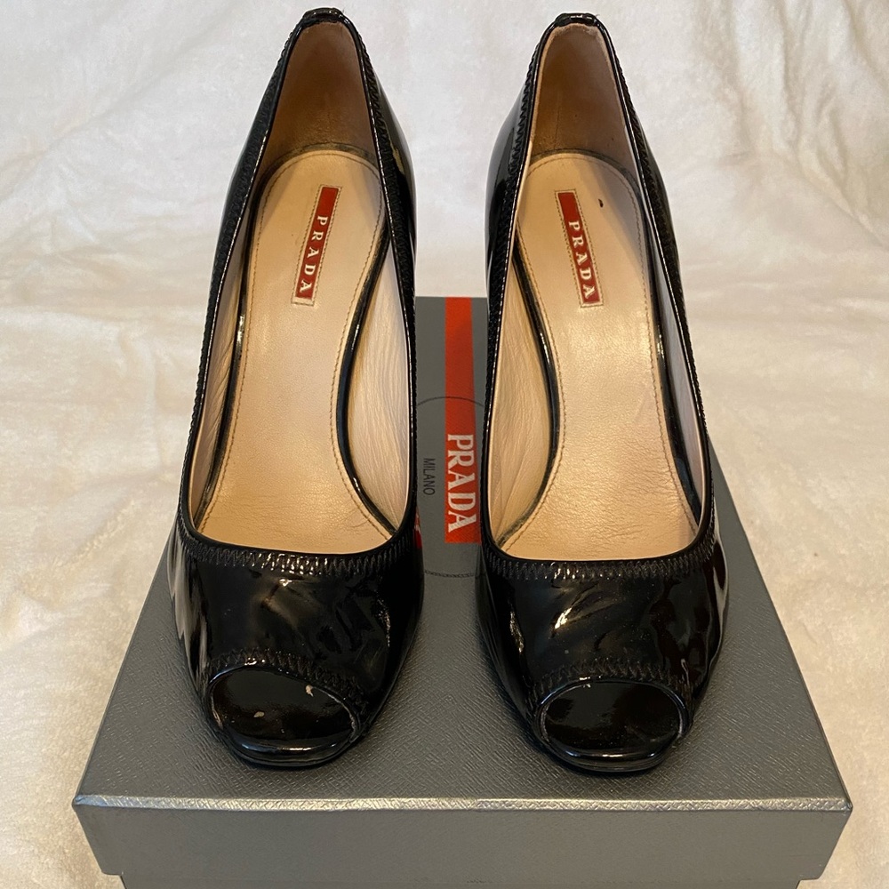 Prada Glossy Black Peep Toe Pumps